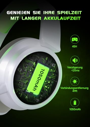 Wireless Gaming Headset für Xbox Series X|S, Xbox One, PS5, PS4, Noise Cancelling Bluetooth 5.3 Kabelloses Gaming Kopfhörer, PC Headset mit Mikrofon, 3D-Surround-Sound, 45H Batterie, Weiß Grün Farbe Bild 5