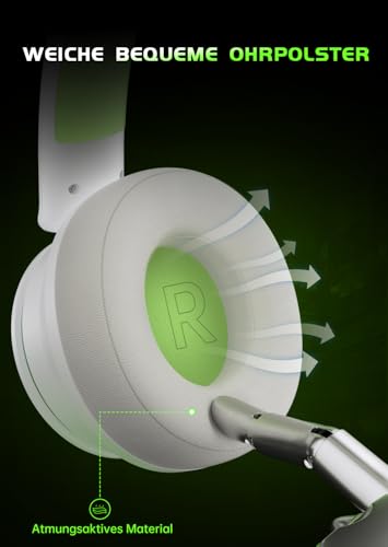 Wireless Gaming Headset für Xbox Series X|S, Xbox One, PS5, PS4, Noise Cancelling Bluetooth 5.3 Kabelloses Gaming Kopfhörer, PC Headset mit Mikrofon, 3D-Surround-Sound, 45H Batterie, Weiß Grün Farbe Bild 7