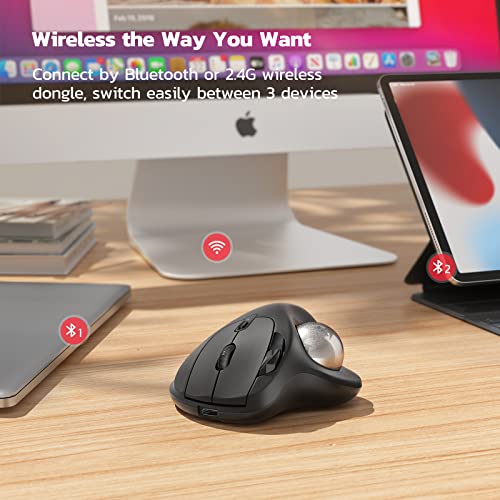 Nulea M501 Trackball Ergonomisch Wiederaufladbar Daumenbedient Präzise 3 Geräte via Bluetooth/USB für PC/Laptop/Mac/Windows (Bright Silver) Bild 4