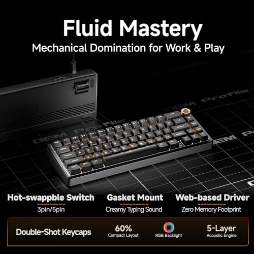 Dierya DK68E Gaming Tastatur,60% Prozent Gasket Mechanische Tastatur mit Knopf,RGB Hot Swap Linearer Creamy Switches,Compact 66 Tasten Anti-Ghosting,QWERTY-US Layout (Schwarz, Creamy Switches) Bild 2
