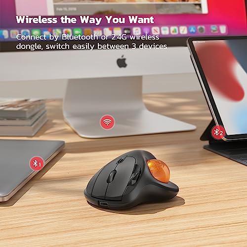Nulea M501 Wireless Trackball Wiederaufladbar Ergonomisch Daumenbedient Präzise 3 Geräte per Bluetooth/USB passend für PC/Laptop/Mac/Windows (Dunkelorange) Bild 4