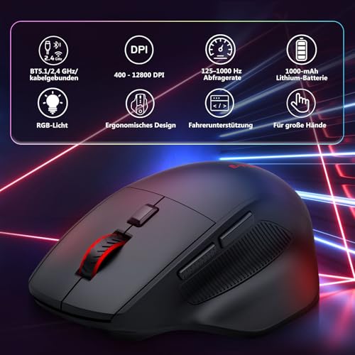 E-Yooso Ergonomische kabellose Gaming-Maus für große Hände, Tri-Mode 2.4GHz/Bluetooth/USB, wiederaufladbar, RGB-Beleuchtung, 2 Seitentasten, 12800 DPI, 6 Lichtmodi, programmierbare Makrotasten Bild 2