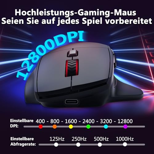 E-Yooso Ergonomische kabellose Gaming-Maus für große Hände, Tri-Mode 2.4GHz/Bluetooth/USB, wiederaufladbar, RGB-Beleuchtung, 2 Seitentasten, 12800 DPI, 6 Lichtmodi, programmierbare Makrotasten Bild 3