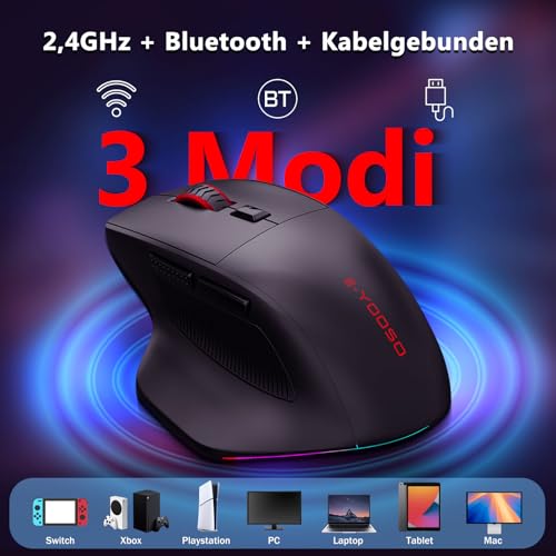 E-Yooso Ergonomische kabellose Gaming-Maus für große Hände, Tri-Mode 2.4GHz/Bluetooth/USB, wiederaufladbar, RGB-Beleuchtung, 2 Seitentasten, 12800 DPI, 6 Lichtmodi, programmierbare Makrotasten Bild 4