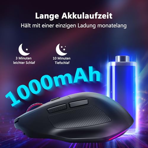 E-Yooso Ergonomische kabellose Gaming-Maus für große Hände, Tri-Mode 2.4GHz/Bluetooth/USB, wiederaufladbar, RGB-Beleuchtung, 2 Seitentasten, 12800 DPI, 6 Lichtmodi, programmierbare Makrotasten Bild 5