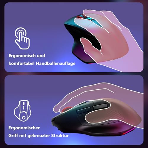 E-Yooso Ergonomische kabellose Gaming-Maus für große Hände, Tri-Mode 2.4GHz/Bluetooth/USB, wiederaufladbar, RGB-Beleuchtung, 2 Seitentasten, 12800 DPI, 6 Lichtmodi, programmierbare Makrotasten Bild 6