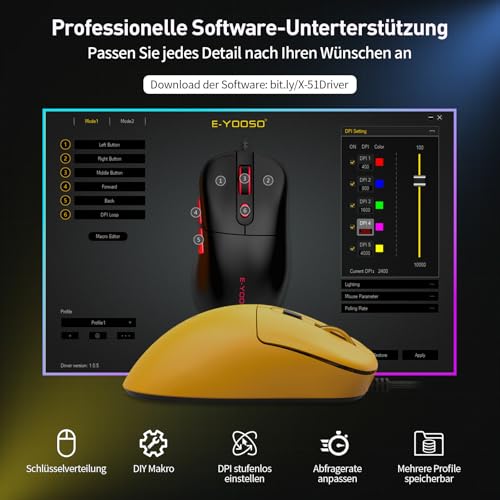 E-Yooso X51 Leichte 52g Gaming Maus mit Kabel - 4000 DPI, 1000Hz, 5 Programmierbare Tasten, Mattes Gehäuse, Stoffkabel, Flexible Stoffkabel, Präzise Klicks, Für PC/Laptop für Gaming & Office Bild 6