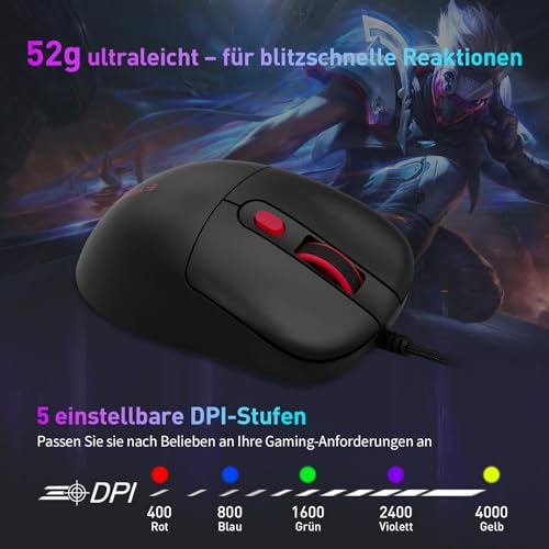 E-Yooso X51 Leichte Kabelgebundene Gaming Maus (52g) – 4000 DPI, 1000Hz, 5 programmierbare Tasten mit LED-Anzeige, ergonomisch für PC/Laptop (Schwarz) Bild 2