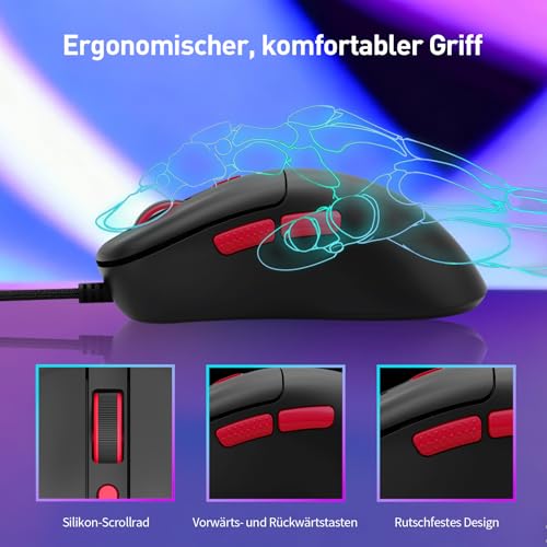 E-Yooso X51 Leichte Kabelgebundene Gaming Maus (52g) – 4000 DPI, 1000Hz, 5 programmierbare Tasten mit LED-Anzeige, ergonomisch für PC/Laptop (Schwarz) Bild 3