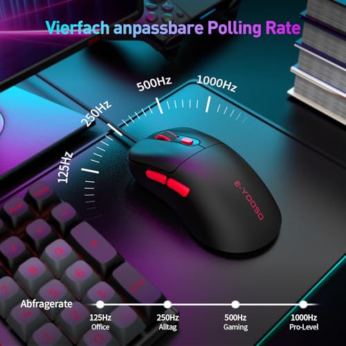 E-Yooso X51 Leichte Kabelgebundene Gaming Maus (52g) – 4000 DPI, 1000Hz, 5 programmierbare Tasten mit LED-Anzeige, ergonomisch für PC/Laptop (Schwarz) Bild 4