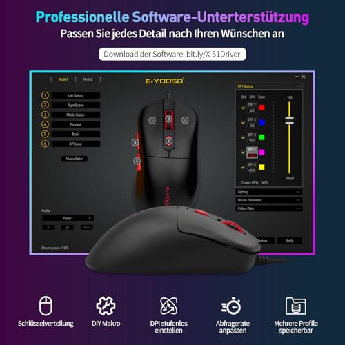 E-Yooso X51 Leichte Kabelgebundene Gaming Maus (52g) – 4000 DPI, 1000Hz, 5 programmierbare Tasten mit LED-Anzeige, ergonomisch für PC/Laptop (Schwarz) Bild 6