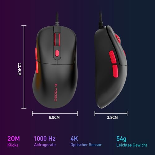 E-Yooso X51 Leichte Kabelgebundene Gaming Maus (52g) – 4000 DPI, 1000Hz, 5 programmierbare Tasten mit LED-Anzeige, ergonomisch für PC/Laptop (Schwarz) Bild 7