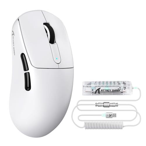 ATTACK SHARK V5 8KHz Kabellose Gaming-Maus, 53G SUPERLEICHT,PixArt PAW3950MAX-Sensor,Nordic 52840 MCU,BT/2,4G/USB-C-Mäuse mit Spiralkabel,42KDPI,Ice-Feel-Beschichtung,Ideal für große Hände,Weiß Bild 1