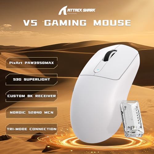ATTACK SHARK V5 8KHz Kabellose Gaming-Maus, 53G SUPERLEICHT,PixArt PAW3950MAX-Sensor,Nordic 52840 MCU,BT/2,4G/USB-C-Mäuse mit Spiralkabel,42KDPI,Ice-Feel-Beschichtung,Ideal für große Hände,Weiß Bild 2