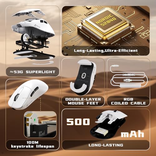 ATTACK SHARK V5 8KHz Kabellose Gaming-Maus, 53G SUPERLEICHT,PixArt PAW3950MAX-Sensor,Nordic 52840 MCU,BT/2,4G/USB-C-Mäuse mit Spiralkabel,42KDPI,Ice-Feel-Beschichtung,Ideal für große Hände,Weiß Bild 3