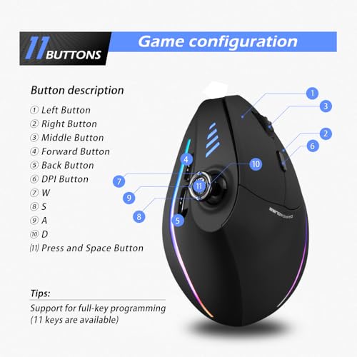 zelotes Kabellose Gaming Maus mit Joystick - 24.000DPI,Bluetooth (BT 5.0/3.0 + 2.4GHz),Wiederaufladbar,11 Programmierbare Tasten Funkmaus,Vertikale Ergonomische Maus Kabellos für Laptop,PC,Tablets Bild 3