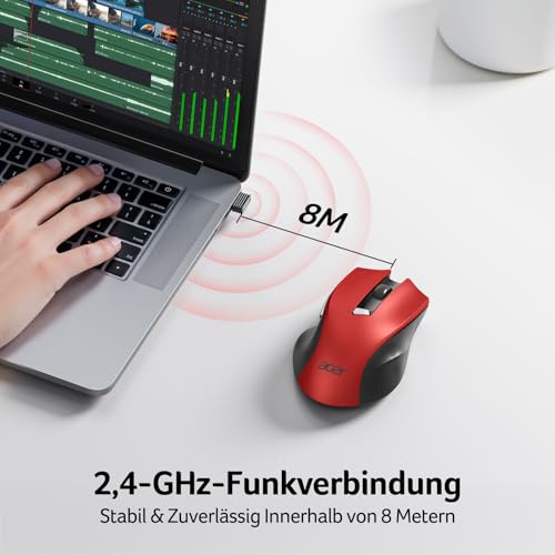 Acer Maus Kabellos, 2.4GHz 1600 DPI Funkmaus, 3 Einstellbare DPI Wireless Mouse mit 6 Tasten, Batteriebetriebene Kabellose Maus für Laptop, PC und MacBook, Empfohlen für Rechtshänder-Rot Bild 2
