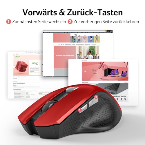 Acer Maus Kabellos, 2.4GHz 1600 DPI Funkmaus, 3 Einstellbare DPI Wireless Mouse mit 6 Tasten, Batteriebetriebene Kabellose Maus für Laptop, PC und MacBook, Empfohlen für Rechtshänder-Rot Bild 3