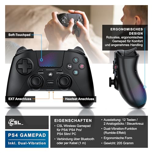CSL - 4x Wireless Gamepad für PC und PS4 - PC Anschluss - Wireless Controller - Dual Vibration - Headset Ausgang - Turbo Funktion - Touchpad - Share-Taste - eingebauter Lautsprecher Bild 3