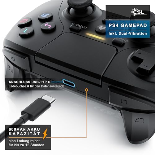 CSL - 4x Wireless Gamepad für PC und PS4 - PC Anschluss - Wireless Controller - Dual Vibration - Headset Ausgang - Turbo Funktion - Touchpad - Share-Taste - eingebauter Lautsprecher Bild 5