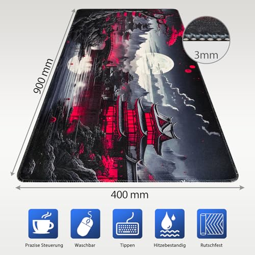 Niviy XXL Gaming Mauspad 900 x 400mm Japan Malerei Mousepad,Überdimensionales Schreibtischunterlage mit Nähten an den Rändern rutschfeste Tischunterlage Gaming,Mauspad für PC,Maus und Tastatur Bild 2