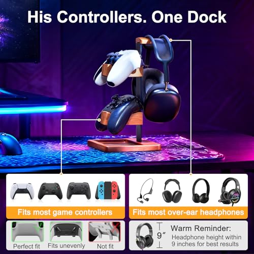 Massivholz-Controller-Halter und Kopfhörer-Ständer, Gaming-Controller-Ständer für Schreibtisch, Dual-Controller-Organizer, passend für Xbox, PS4, PS5, Gamepad, Headset-Halter für Sohn Bild 4