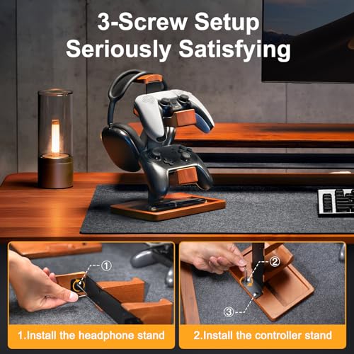 Massivholz-Controller-Halter und Kopfhörer-Ständer, Gaming-Controller-Ständer für Schreibtisch, Dual-Controller-Organizer, passend für Xbox, PS4, PS5, Gamepad, Headset-Halter für Sohn Bild 6