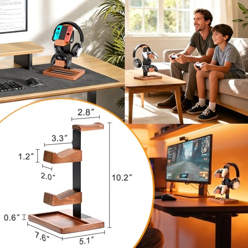 Massivholz-Controller-Halter und Kopfhörer-Ständer, Gaming-Controller-Ständer für Schreibtisch, Dual-Controller-Organizer, passend für Xbox, PS4, PS5, Gamepad, Headset-Halter für Sohn Bild 7