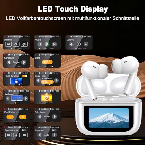 Bluetooth Kopfhörer mit Touchscreen, In Ear Kopfhörer Kabellos Bluetooth 5.4, In-Ear Ohrhörer mit ANC+ENC Noise Cancelling, IPX7 Wasserdichte Kopfhörer 48H HiFi Stereo Ohrhörer mit 5 EQ-Modi Weiß Bild 2