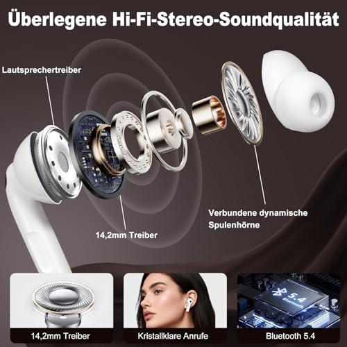 Bluetooth Kopfhörer mit Touchscreen, In Ear Kopfhörer Kabellos Bluetooth 5.4, In-Ear Ohrhörer mit ANC+ENC Noise Cancelling, IPX7 Wasserdichte Kopfhörer 48H HiFi Stereo Ohrhörer mit 5 EQ-Modi Weiß Bild 4