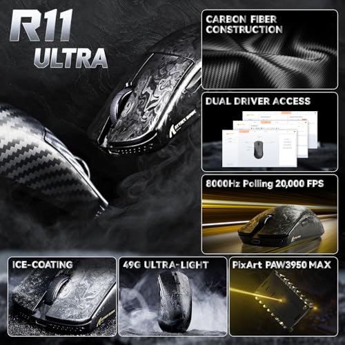 ATTACK SHARK R11 Ultra Carbonfaser 8000Hz Kabellose Gaming-Maus, 49g Superlight, 42000 DPI, 20000 FPS, PAW3950MAX, Nordic 52840, Ice-Feel-Beschichtung, BT/2.4G/Kabelgebundene, PC/Mac, Forged Schwarz Bild 2