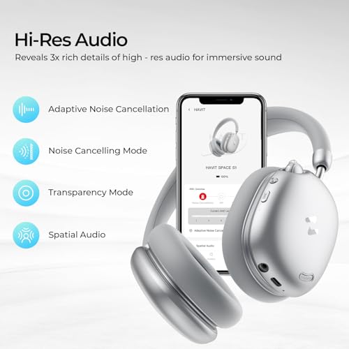 havit Space S1 Adaptive Active Noise Cancelling Headphones, LHDC Bluetooth 6.0 Hi-Res Wireless Over Ear Bluetooth Headphones with 5 Mic ENC, 100H Playtime, Overhead Headphones with Spatial Audio Bild 7