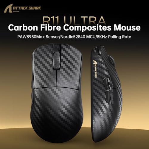 ATTACK SHARK R11 ULTRA Kabellose Gaming-Maus aus Kohlefaser mit LED-Spiralkabel, 8000Hz, PAW3950MAX, 49g Leicht, 42000 DPI, 20000FPS, Nordic 52840 Chip, Nano-Metal Ice Coating, für PC, Weben Schwarz Bild 2
