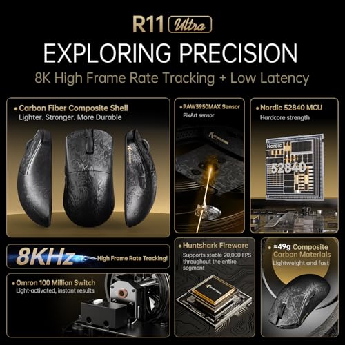 ATTACK SHARK R11 ULTRA Kabellose Gaming-Maus aus Kohlefaser mit LED-Spiralkabel, 8000Hz, PAW3950MAX, 49g Leicht, 42000 DPI, 20000FPS, Nordic 52840 Chip, Nano-Metal Ice Coating, für PC, Weben Schwarz Bild 3