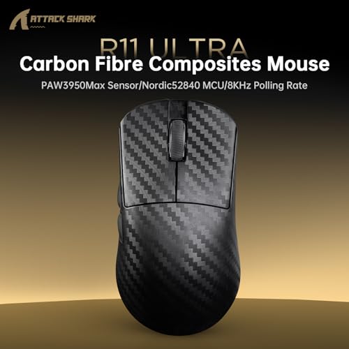 ATTACK SHARK R11 ULTRA Kabellose Gaming-Maus aus Kohlefaser mit LED-Spiralkabel, 8000Hz, PAW3950MAX, 49g Leicht, 42000 DPI, 20000FPS, Nordic 52840 Chip, Nano-Metal Ice Coating, für PC, Weben Schwarz Bild 4