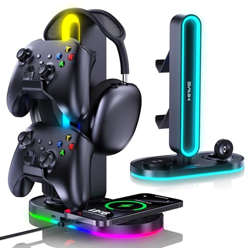 HiWe Universal RGB Gaming Kopfhörerständer mit 2 Controller-Halter, kabelloses Ladegerät für iPhone/iWatch, solides ABS, rutschfeste Unterseite, Schwarz Bild 1