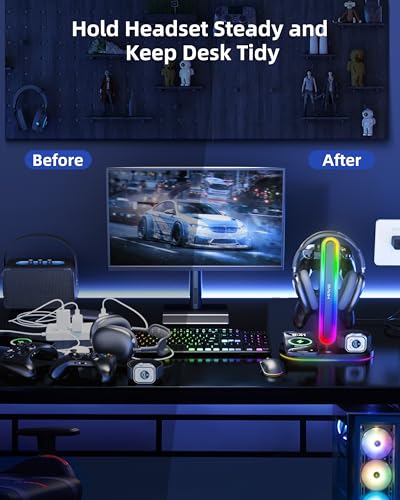 HiWe Universal RGB Gaming Kopfhörerständer mit 2 Controller-Halter, kabelloses Ladegerät für iPhone/iWatch, solides ABS, rutschfeste Unterseite, Schwarz Bild 2