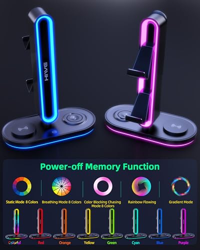 HiWe Universal RGB Gaming Kopfhörerständer mit 2 Controller-Halter, kabelloses Ladegerät für iPhone/iWatch, solides ABS, rutschfeste Unterseite, Schwarz Bild 3