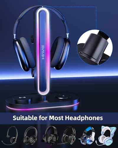 HiWe Universal RGB Gaming Kopfhörerständer mit 2 Controller-Halter, kabelloses Ladegerät für iPhone/iWatch, solides ABS, rutschfeste Unterseite, Schwarz Bild 4