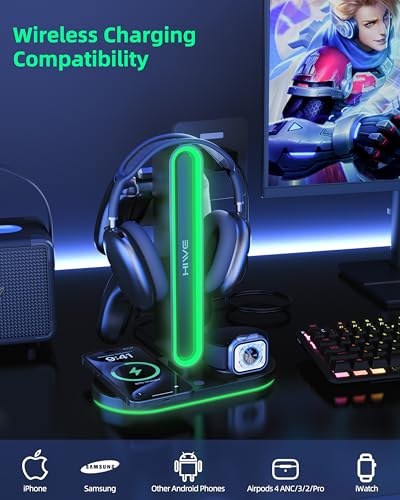 HiWe Universal RGB Gaming Kopfhörerständer mit 2 Controller-Halter, kabelloses Ladegerät für iPhone/iWatch, solides ABS, rutschfeste Unterseite, Schwarz Bild 5
