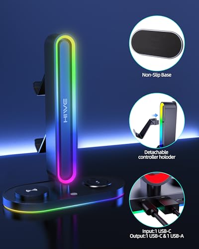 HiWe Universal RGB Gaming Kopfhörerständer mit 2 Controller-Halter, kabelloses Ladegerät für iPhone/iWatch, solides ABS, rutschfeste Unterseite, Schwarz Bild 6
