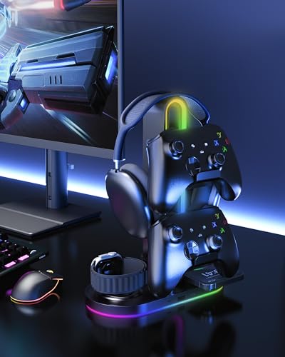 HiWe Universal RGB Gaming Kopfhörerständer mit 2 Controller-Halter, kabelloses Ladegerät für iPhone/iWatch, solides ABS, rutschfeste Unterseite, Schwarz Bild 7