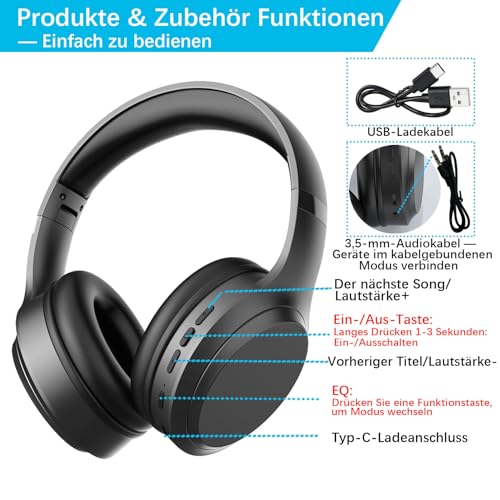 elzle Bluetooth Kopfhörer Over Ear mit 82 Std. Spielzeit, Bluetooth 5.3 Kopfhörer, 3 EQ Modi, Eingebautem Mikrofon, Faltbare Leichtes Design für Reise, Arbeit, Gaming Bild 2