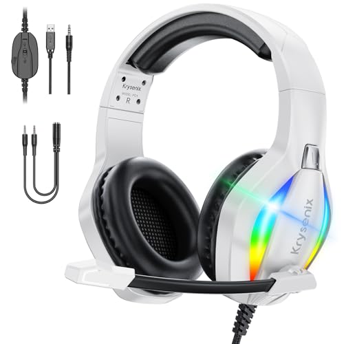 Krysenix PG1 RGB Gaming Headset für PS4, PS5, PC, Xbox,Switch, PS5 Gaming Kopfhörer mit LED Licht, Over Ear PC Headset mit Noise Cancelling Mikrofon und 3,5 mm Klinke,Matte Weiß Bild 1
