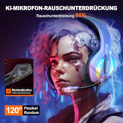 Krysenix PG1 RGB Gaming Headset für PS4, PS5, PC, Xbox,Switch, PS5 Gaming Kopfhörer mit LED Licht, Over Ear PC Headset mit Noise Cancelling Mikrofon und 3,5 mm Klinke,Matte Weiß Bild 3