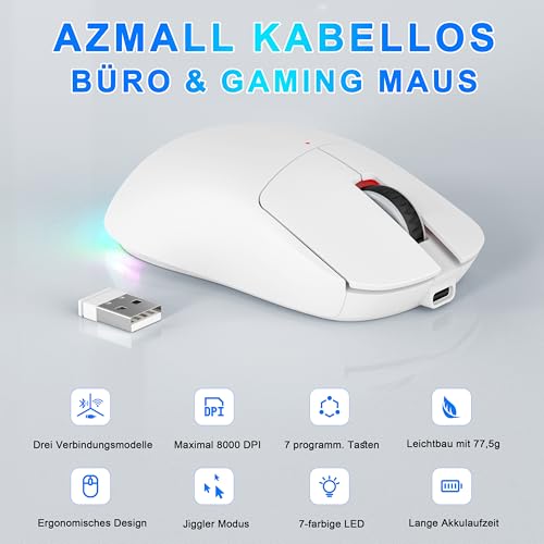 3-Modus Kabellose Gaming Maus (BT5.3/2.4GHz/USB-C) – 8000 DPI, 7 Programmierbare Tasten, RGB, Jiggler Modus, 600mAh Akku, Ergonomisch, Leise, Für Büro & Gaming (Weiß, Büro- und Gaming-Maus) Bild 2