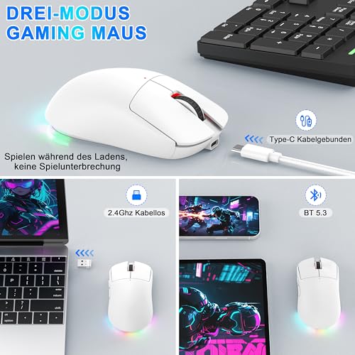 3-Modus Kabellose Gaming Maus (BT5.3/2.4GHz/USB-C) – 8000 DPI, 7 Programmierbare Tasten, RGB, Jiggler Modus, 600mAh Akku, Ergonomisch, Leise, Für Büro & Gaming (Weiß, Büro- und Gaming-Maus) Bild 3