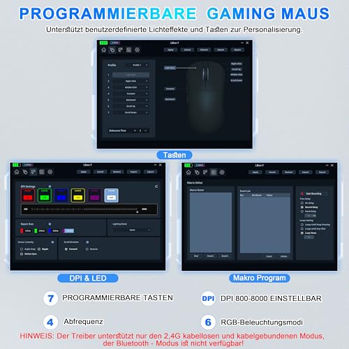 3-Modus Kabellose Gaming Maus (BT5.3/2.4GHz/USB-C) – 8000 DPI, 7 Programmierbare Tasten, RGB, Jiggler Modus, 600mAh Akku, Ergonomisch, Leise, Für Büro & Gaming (Weiß, Büro- und Gaming-Maus) Bild 4