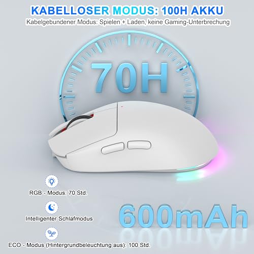 3-Modus Kabellose Gaming Maus (BT5.3/2.4GHz/USB-C) – 8000 DPI, 7 Programmierbare Tasten, RGB, Jiggler Modus, 600mAh Akku, Ergonomisch, Leise, Für Büro & Gaming (Weiß, Büro- und Gaming-Maus) Bild 6