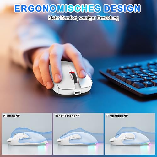 3-Modus Kabellose Gaming Maus (BT5.3/2.4GHz/USB-C) – 8000 DPI, 7 Programmierbare Tasten, RGB, Jiggler Modus, 600mAh Akku, Ergonomisch, Leise, Für Büro & Gaming (Weiß, Büro- und Gaming-Maus) Bild 7